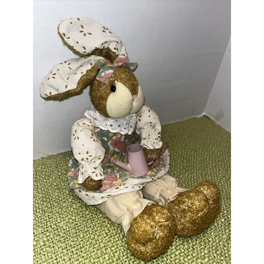 Vtg Spring‎ Easter Bunny Rabbit Plush Country Decor Lace Floral Dress Gardener
